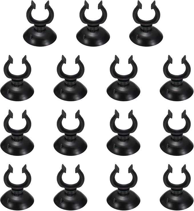 Aquarium Suction Cups, Fish Tank Suction Cups Clips Airline Tube Holders Clamps (Plastic, 15Pcs, Black) for 0.7" Fish Tank Airline Tubing Binding Moss Shrimp Nest, 17x30MM