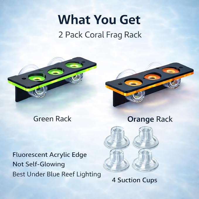 kcrygogo Coral Frag Holder Acrylic Coral Rack with Powerful Double Suction Cup and Placstic Screws Suitable for Household Fish Tanks (2pcs 3 Plug Hole,Fluorescent Green and Orange)