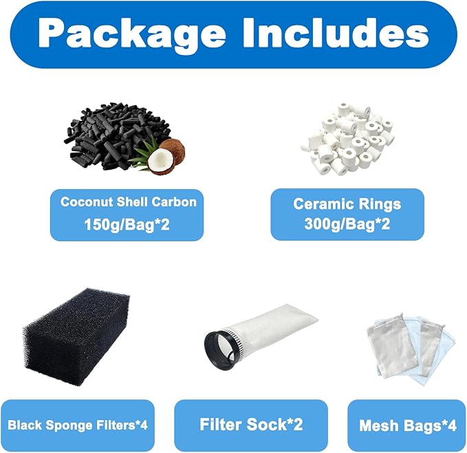 14 PCS Filter Media Maintenance Set Replacement for Waterbox AIO 20 CUBE and AIO 25 PENINSULA Aquarium Filters, Includes 2.75 Inch Filter Socks, Carbon Pellets, Ceramic Rings, AIO Filter Sponges