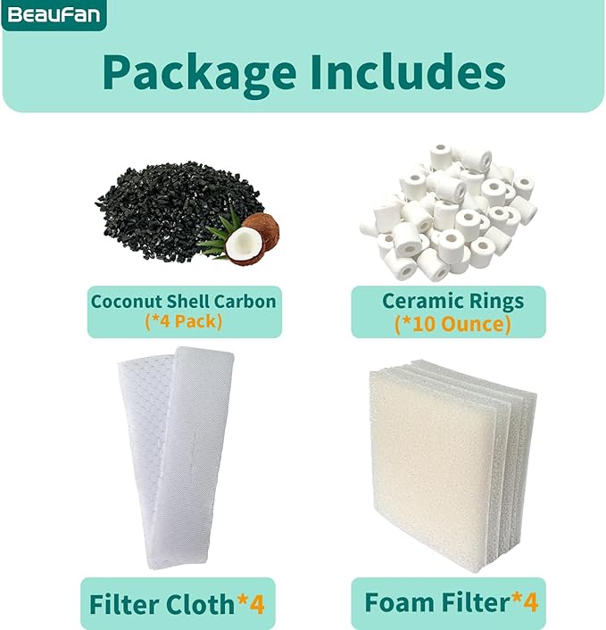 13 Set Aquarium Filter Media Kits Replacement for Fluval C4 (40-70 Gal) Aquarium Power Filter, Includes 4 Foam Pads, 4 Tarpaulins, 4 Activated Carbons, 1 Ceramic Ring