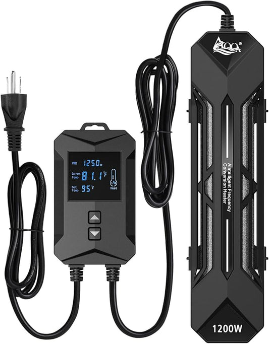 AQQA Aquarium Heater 800W/1000W/1200W/1400W Fish Tank Heater with LED Digital Display 110-120V Submersible No Pond Heaters with Overheat & Dry-Out Protection for Freshwater & Saltwater Tanks (1200W)