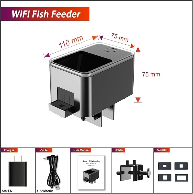 WiFi Automatic Fish Feeder for Aquarium, Food Dispenser for Fish Tank with App Control, USB Powered, Suitable for Small Tank Pelleted Food, Black