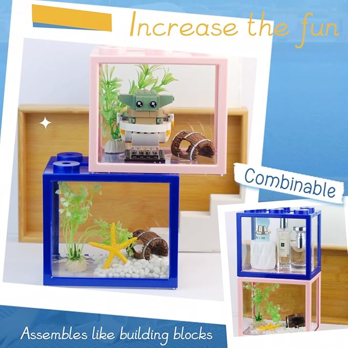 Small Betta Fish Tank, Stackable Mini Fish Tank Tiny Aquarium Tank Kit with Aquarium Gravel & Resin Decorations, 0.6 Gallon Cube Desktop Fishbowl for Snails, Crabs, Starfish (Blue)