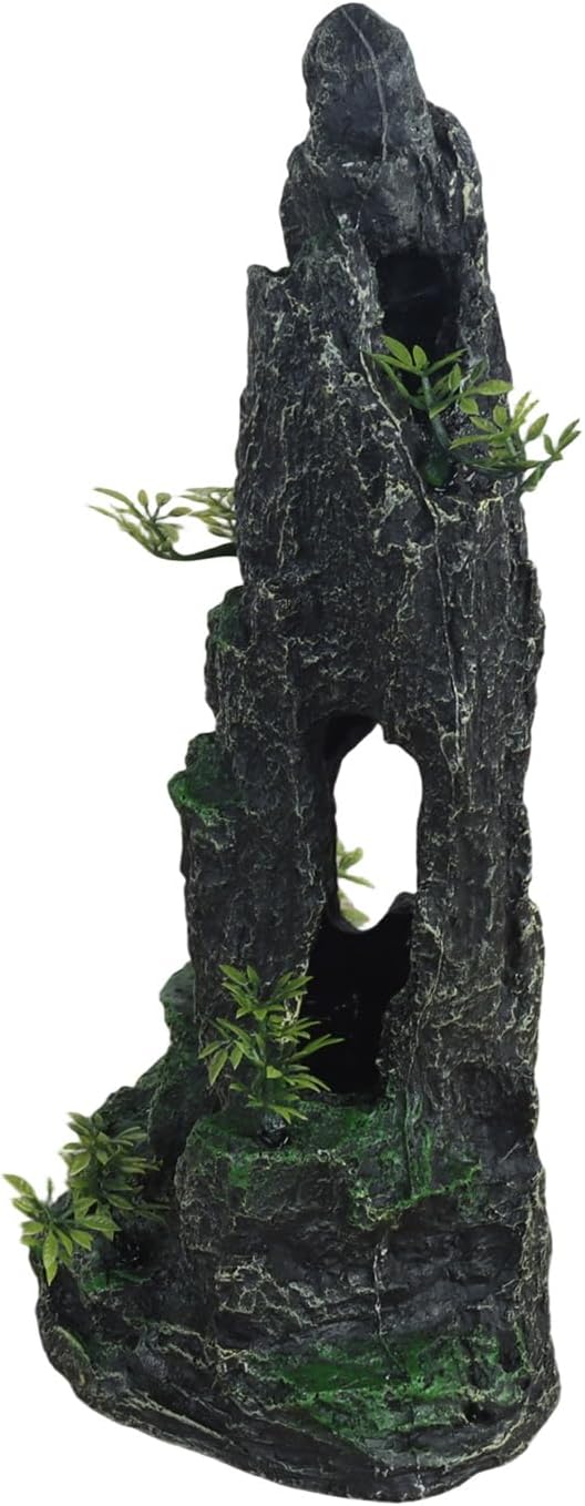 Tall Aquarium Decor 14.4inch, Cool Large Fish Tank Decorations Accessories, Resin Mountain View Aquarium Ornament with Tree Hideout Cave, for Betta Goldfish Shrimp Guppy Cichlid Play Rest
