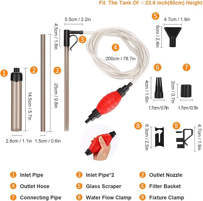 Asixxsix Aquarium Vacuum Gravel Cleaner Kit, 110GPH 3 in 1 Multifunctional Fish Vacuum Cleaning Tools Manual Siphon Vacuum Cleaner Kit for Sand Washing Dirt Removal Water Change