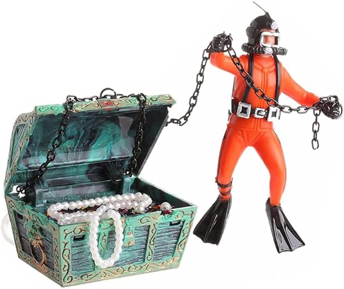 Live-Action Aquarium Ornament Creative Undersea Treasure Chest Diver Air Bubbler Aerating for Fish Tank Decorations Orange Color