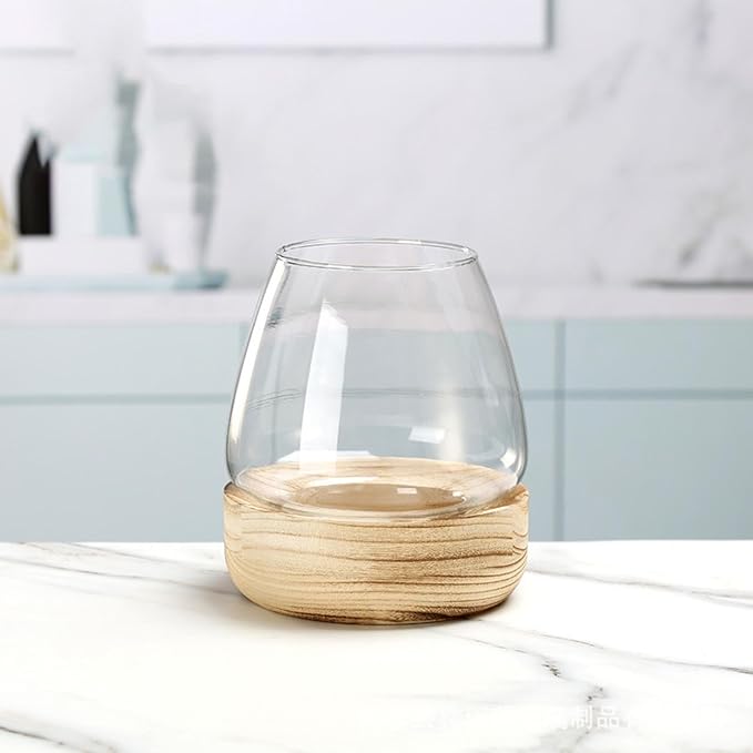 Glass Fish Bowl with Wooden Base, Transparent Small Aquarium Desktop Tank Vase Plant Terrarium Vase Home Decor, Multipurpose Aquarium Bowl for Betta Fish Goldf-ish