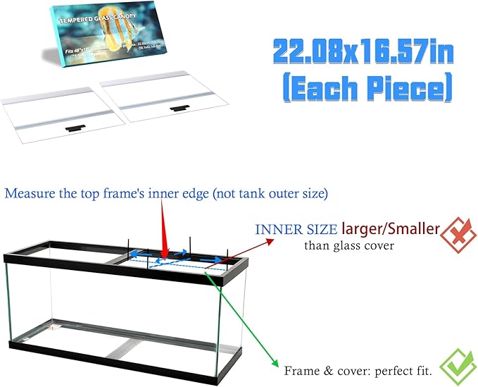2PCS Set 22.08x16.57x0.16in（Each Piece） Clear Tempered Glass Canopy,75/90/110 Gallon Aquarium Fish Tank Hoods for Aqueon