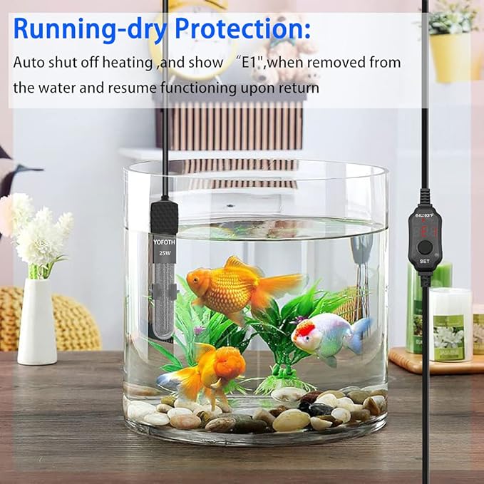 YOFOTHS Adjustable Mini Aquarium Heater3-5 Gallons Submersible Small Fish Tank Heater 25W Digital Display Thermostat External Temperature Controller (25W)