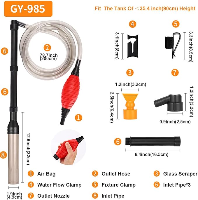 Manual Operated Aquarium Siphon with Red Air Bag, Gravel Vacuum for Aquarium Labor Saving Water Changer Portable Sand Cleaner for Daily Tank Maintenance