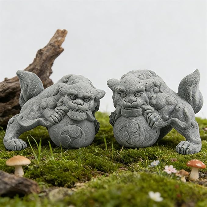 livelyfish Aquarium Fu Foo Dogs Statue Decorations A Pair of Asian Sandstone Lion Figures Sculpture for Fish Tanks Garden Bonsai Decor Gifts,E