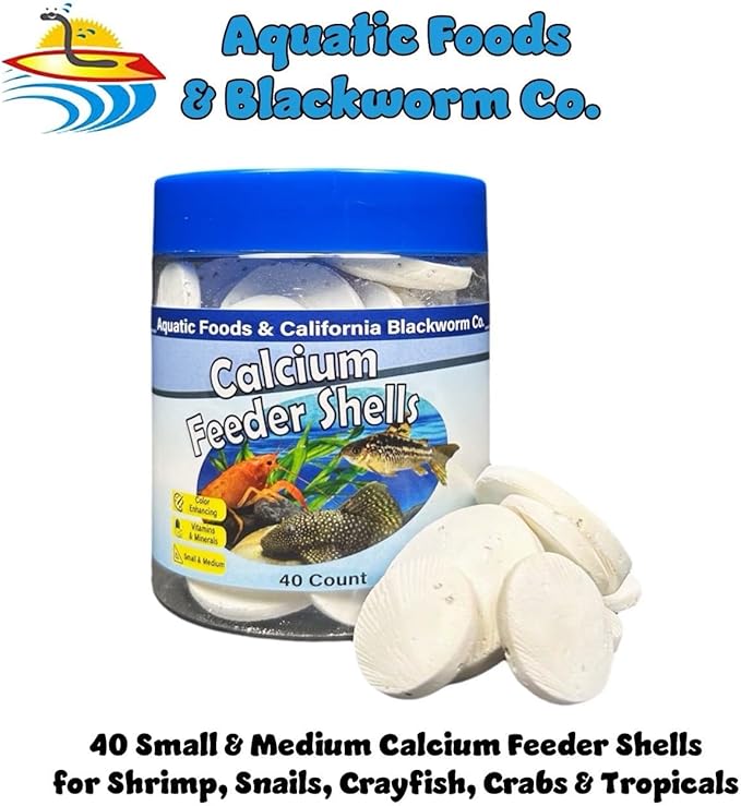 Calcium Feeding Shells, Small & Medium for Shrimp, Snails, Crabs, Crayfish, Plecos, Catfish, All Tropical Fish, 4-Type Wafer & 12-Type Pellet Mix Included 40 Count Canister