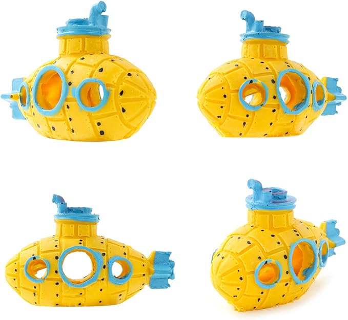 Resin Hollow Submarine Fish Tank Decorations Aquarium Shrimp Hideout Aquarium Ornament Hiding Cave Shelter for Shrimp Betta Lizards Hideaway Decor (Submarine Yellow)