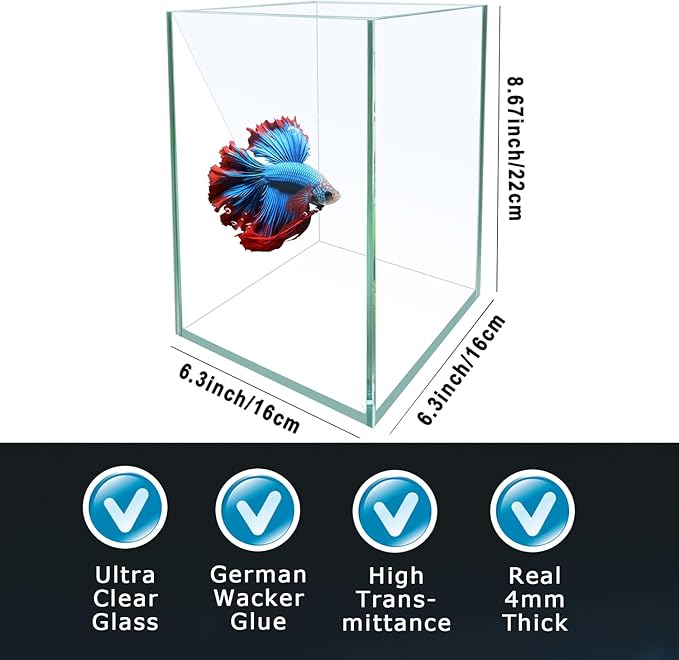 Ultra White Glass Aquarium Starter Kits 1.5 Gallon Small Fish Tank, Betta Fish Tank with LED Light, Power Filter, for Home Office Deco, 4mm Glass