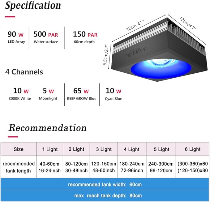 PopBloom RL90 Led Aquarium Light for Coral Reef, Smart-APP Control Reef Led Light Aquarium Marine Lighting Fish Tank Light for 90-120CM Saltwater SPS/LPS Mixed Reef Fish Aquarium