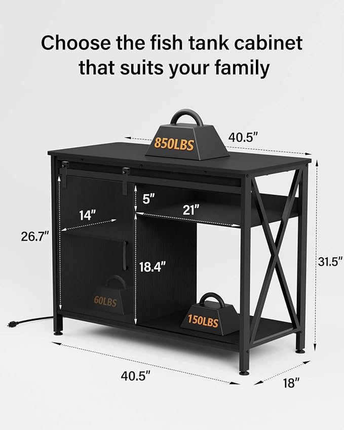 Aquarium Stand for 40-75 Gallon Fish Tank: Tank Stand Table with Power Outlet for Aquarium kit - Metal Fish Stand Cabinet with Storage for 40-75 Gallon Reptile Turtle Terrarium (black, 40-50 gallon)