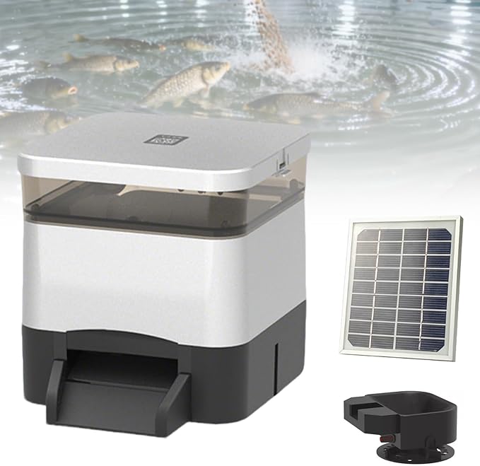 Pond Fish Feeder, 4L/10L/20L Solar Powered Automatic Fish Feeder, Large Capacity,with Feed Thrower,Supports Remote Control via Mobile-app, for Outdoor Fish Ponds Silver-4L