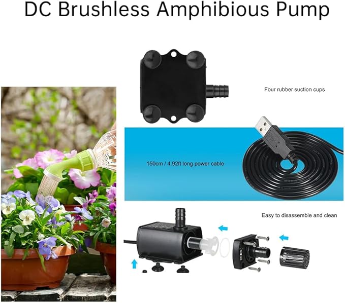 80GPH 5W USB Mini Water Pump With 2M(6.6ft) Clear Tube,300L/H durable fountain water pump for Pond Fountain, Aquariums Fish Tank, Statuary, Hydroponic 2-Pcs