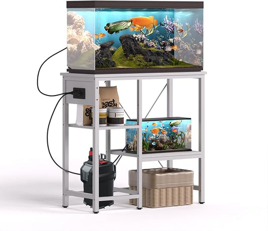 BEURUKU 20-29 Gallon Fish Tank Stand with Power Outlet & LED Light, Metal Aquarium Stand with 3 Tier Adjustable Storage Shelves, Tank Stand for Reptile Tank, Turtle Tank, 30.7" L*13.8" W, White