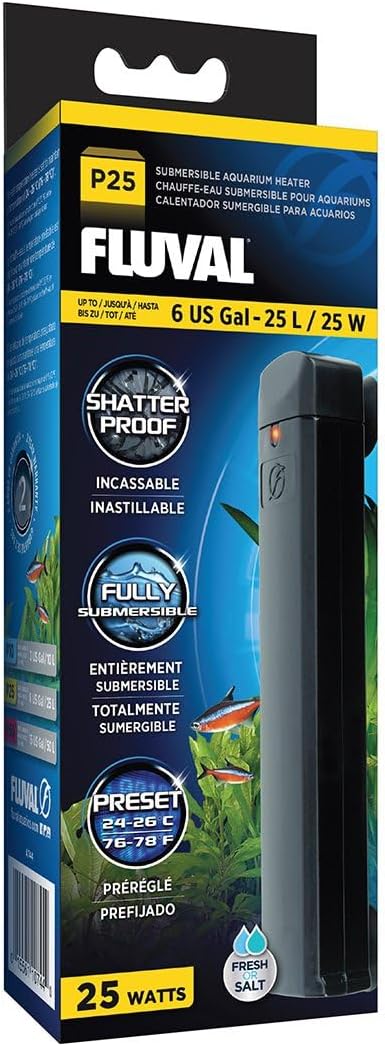 Fluval P25 Submersible Aquarium Heater – 25W, Shatterproof & Fully Submersible, Preset 76-78°F for Freshwater & Saltwater Tanks up to 6 Gal, LED Indicator, Safe & Durable Nano Tank Heater