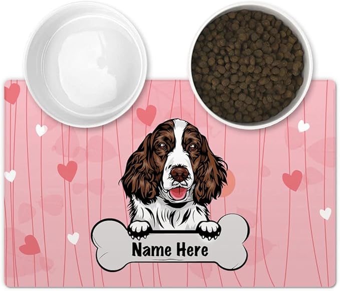 Personalized Pet Feeding Mat with Funny Dog English Springer Spaniel Peeking Heart Pink Background, 12" x 18"