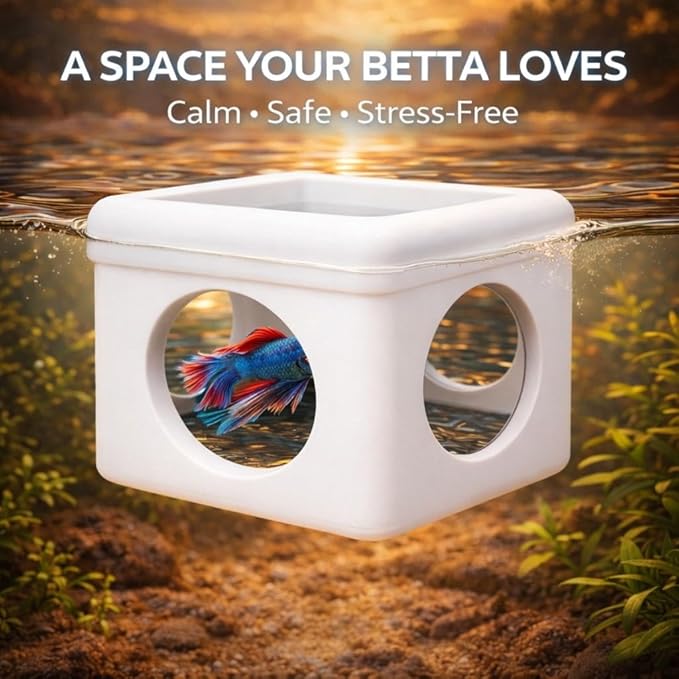 White Floating Betta Hideout with Round Side Holes – 3D Floating Breeding Box & Resting Cave with Window – Feeding Platform, Fish Shelter & Hammock for Betta, Guppies, Nano Tanks & Small Aquariums