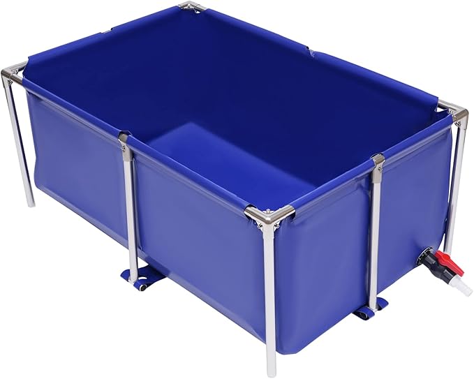 Canvas Fish Pond, Blue Cuboid Aquarium Fish Water Tank Ornamental Swimming Pool Koi Breeding Pond, Foldable Water Storage Above Ground Pond with Drain Valve for Home Aquaculture