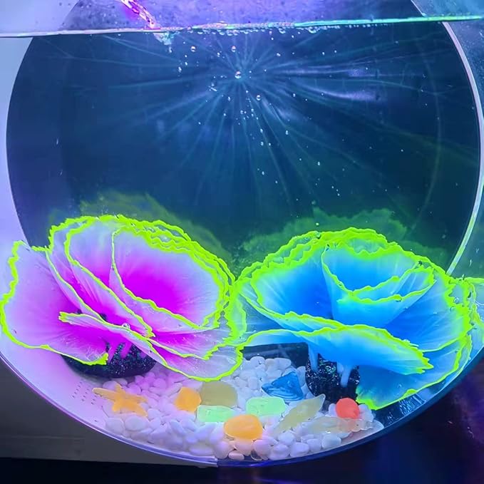 Glowing Fish Tank Decorations Glow Aquarium Decor Coral Ornaments, 2pcs Silicone Flower Plants and 10pcs Colourful Sea Shells/Luminous Stone Glow in The Dark for Aquarium Decoration