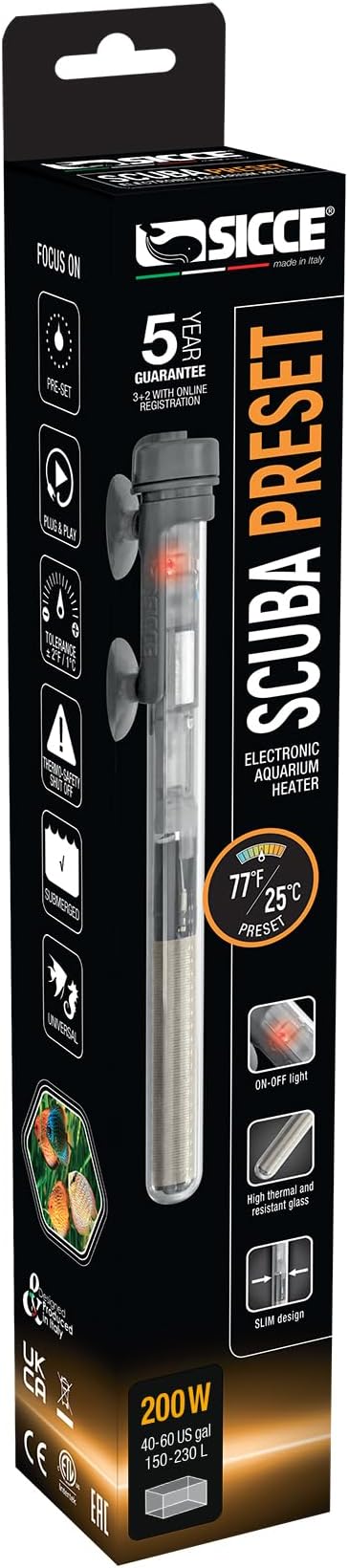 Sicce Scuba 200 Watt Aquarium Fish Tank Heater Preset at 77℉ for Up to 60 Gallons | 200W Submersible for Marine Saltwater and Freshwater | Run Dry Protection