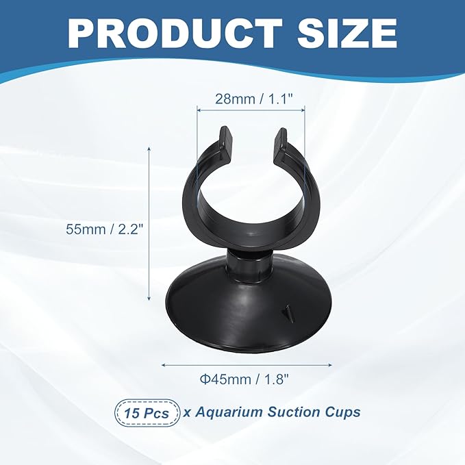 Aquarium Suction Cups, Fish Tank Suction Cups Clips Airline Tube Holders Clamps (Plastic, 15Pcs, Black) for 1.1" Fish Tank Airline Tubing Binding Moss Shrimp Nest, 28x45MM