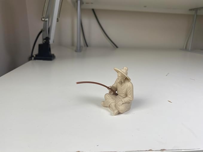 Miniature Zen Fisherman Figurine – Old Wise Man Fishing Bonsai Tree Accessory – 3D Printed Ivory Finish Aquarium & Terrarium Decor – Oriental Feng Shui Sand Garden Ornament
