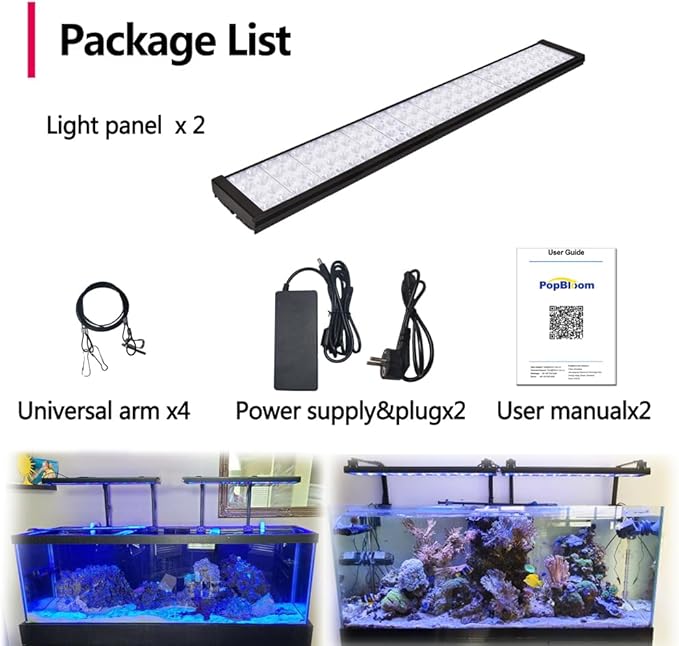 PopBloom H75 WiFi 2PCS Reef Marine LED Light with Arm, Full Spectrum Aquarium LED Light for 180cm 6ft 72inch Saltwater Coral Reef Marine Aquarium Fish Tank, Programmable 4 Channels, Smart APP Control
