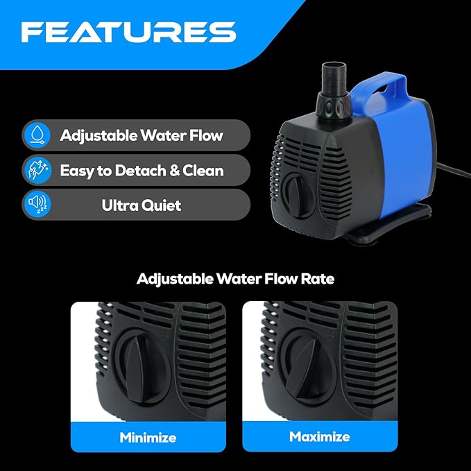 634 GPH Amphibious Submersible and Inline Water Pump - For Aquarium, Pond, Hydroponics, Fountain with Ceramic Shaft, 6.39 ft Lift, 35W