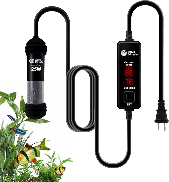 AquaMiracle 25W Small Aquarium Heater Fish Heater, Super Mini Fish Tank Heater Turtle Tank Heater for 3-5 Gal Tanks, with Dual LED Display, Dry-Run/Overheating Protection & Memory Function