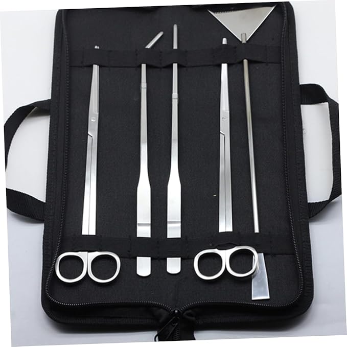 Kisangel 5pcs Aquarium Aquascaping Tool Stainless Steel Scissors Tweezers and Sand Scraper for Freshwater and Plant Maintenance Canvas Bag