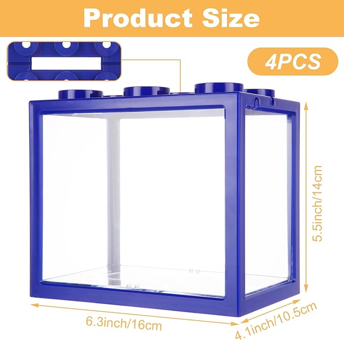4PCS Plastic Small Betta Fish Tank, 0.6 Gallon Stackable Fish Bowl, Cube Fish Aquarium Tank for Shrimp, Turtle, Small Crab (Blue)