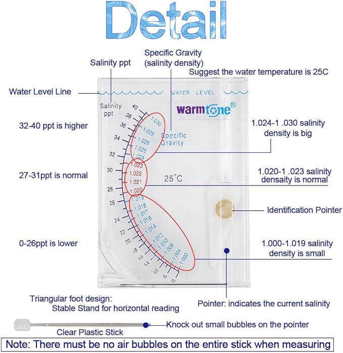 Abnaok Salinity Tester, Sea Specific Gravity Test for Fish Tank Pond Water Saltwater Freshwater, Accurate Automatic Hydrometer