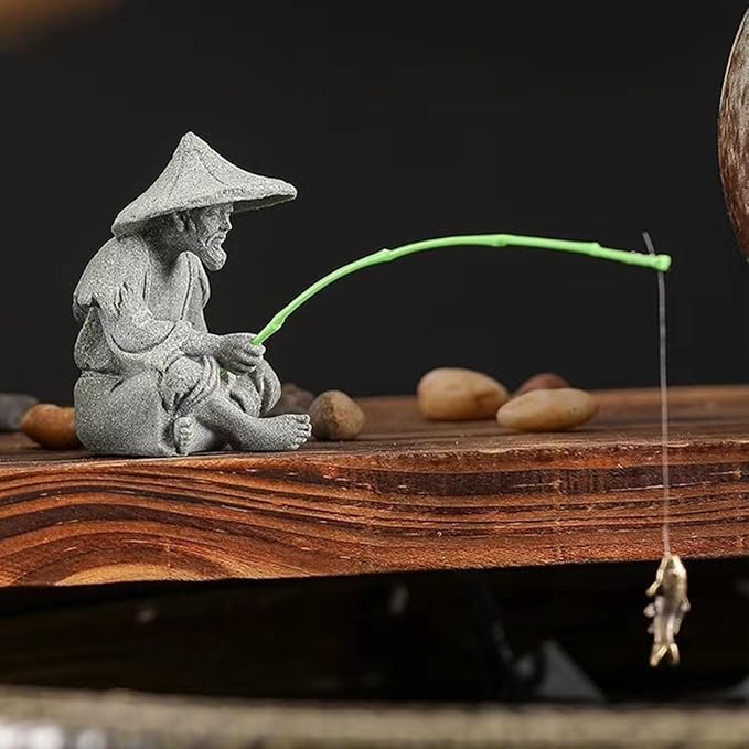livelyfish Mini Fisherman Statue Asian Zen Decoration Sitting Fishing Figurines Sandstone Vintage Ornament for Aquarium Fish Tank Pot Garden Home Japanese Decor (C2)