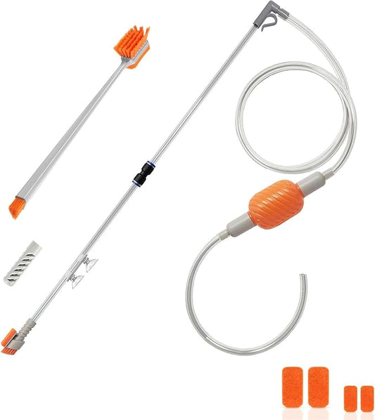 Carefree Fish Aquarium Siphon Vacuum Water Changer Kit for 3~10Gal Tank with 6Ft Water Hose Gravel Cleaner Cleaning Tools Collect Fish Poops and Long Handle Multifunctional Algae Brush