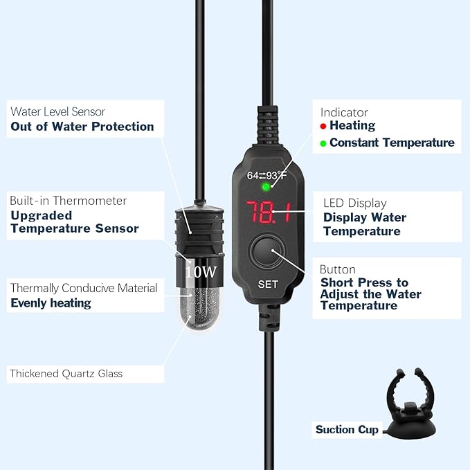 YOFOTHS Adjustable Mini Aquarium Heater 0.5/1/2/3 Gallon Submersible Small Fish Tank Heater 10W/20W/30W Digital Display Thermostat External Temperature Controller