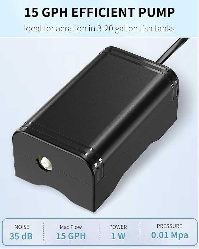 Pawfly Mini Aquarium Air Pump for 3-20 Gallon Nano Fish Tanks 15 GPH Oxygen Aerator Pump with Bracket Airline Tubing Air Stone Control Valve and Check Valve Accessories