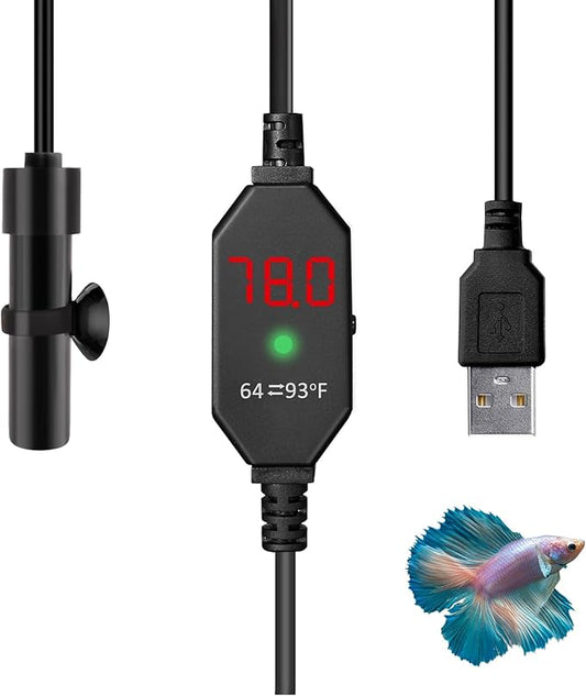 Shatter-Resistant Aquarium Heater, USB 10W Adjustable Mini Fish Tank Heater with External Temperature Controller, Overheating Protection, Used for 0.5-1 Gallon Tank (Alumina Ceramic)