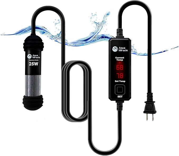 AquaMiracle Upgraded 25W Small Aquarium Heater Fish Tank Heater Turtle Heater Super Mini Aquarium Heater, Dry-Run/Overheating Protection and Memory Function, Dual LED Display, for 3-5 Gal Tanks