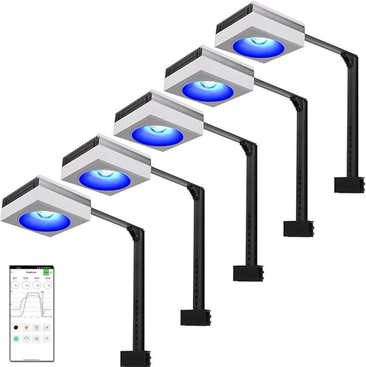 PopBloom 5PCS RL90 Led Aquarium Light for Coral Reef, Smart-APP Control Reef Led Light Aquarium Marine Lighting Fish Tank Light for 240-300CM Saltwater SPS/LPS Reef Aquarium(5 Light with Arm Kit)