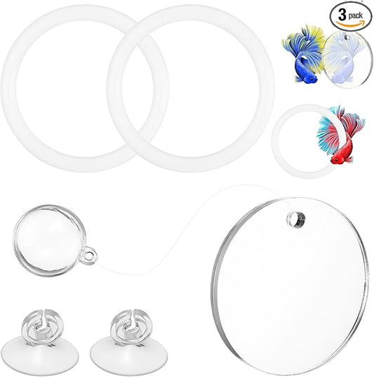 2 Pcs Betta Fish Exercise Ring & Mirror Set, Floating Enrichment Toys with Feeding Ring for Betta Tank, Training & Play Accessories to Prevent Boredom, Safe Aquarium Decor for Beta Fish
