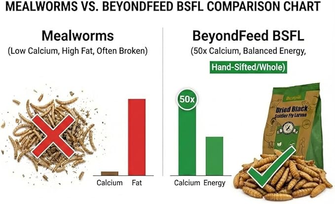 BeyondFeed™ Premium Dried Black Soldier Fly Larvae - High Calcium Supplement for Stronger Eggshells & Molting Recovery - Whole, Large Grubs (Superior to Mealworms) for Chickens, Ducks & Reptiles