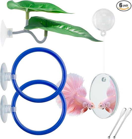 Betta Fish Toy Set: Betta Training Floating Mirror, Training/Feeding Ring, Spoon, and Resting Leaf. Promotes Exercise. Betta Toys, Resting & Feeding Kit.
