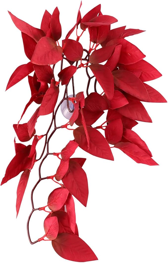 iplusmile Reptile Artificial Hanging Silk Plants with Suction Cup, Terrarium Tank Fake Plants Habitat Decorations for Indoor Bearded Dragon Hermit Crab Lizard Snake Geckos, Red