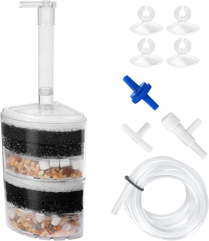 AQUANEAT Aquarium Air Driven Corner Sponge Filter for Nano Fish Tank with Tubing, Valves and Suction Cups, up to 40 Gallon