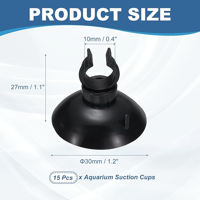 Aquarium Suction Cups, Fish Tank Suction Cups Clips Airline Tube Holders Clamps (Plastic, 15Pcs, Black) for 0.4" Fish Tank Airline Tubing Binding Moss Shrimp Nest, 10x30MM
